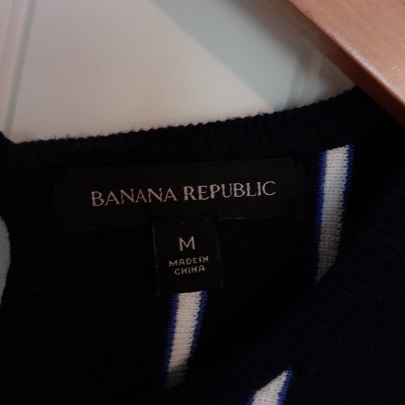 Banana Republic Striped Short Sleeve Sweater Keyhole Back Navy Blue Size M - Picture 3 of 9